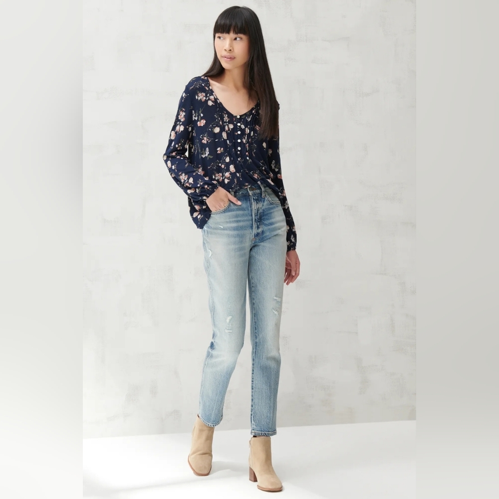 Lucky Brand Maya Women's XS V-neck Blouse Ditsy Floral Long Sleeve Peasant Navy